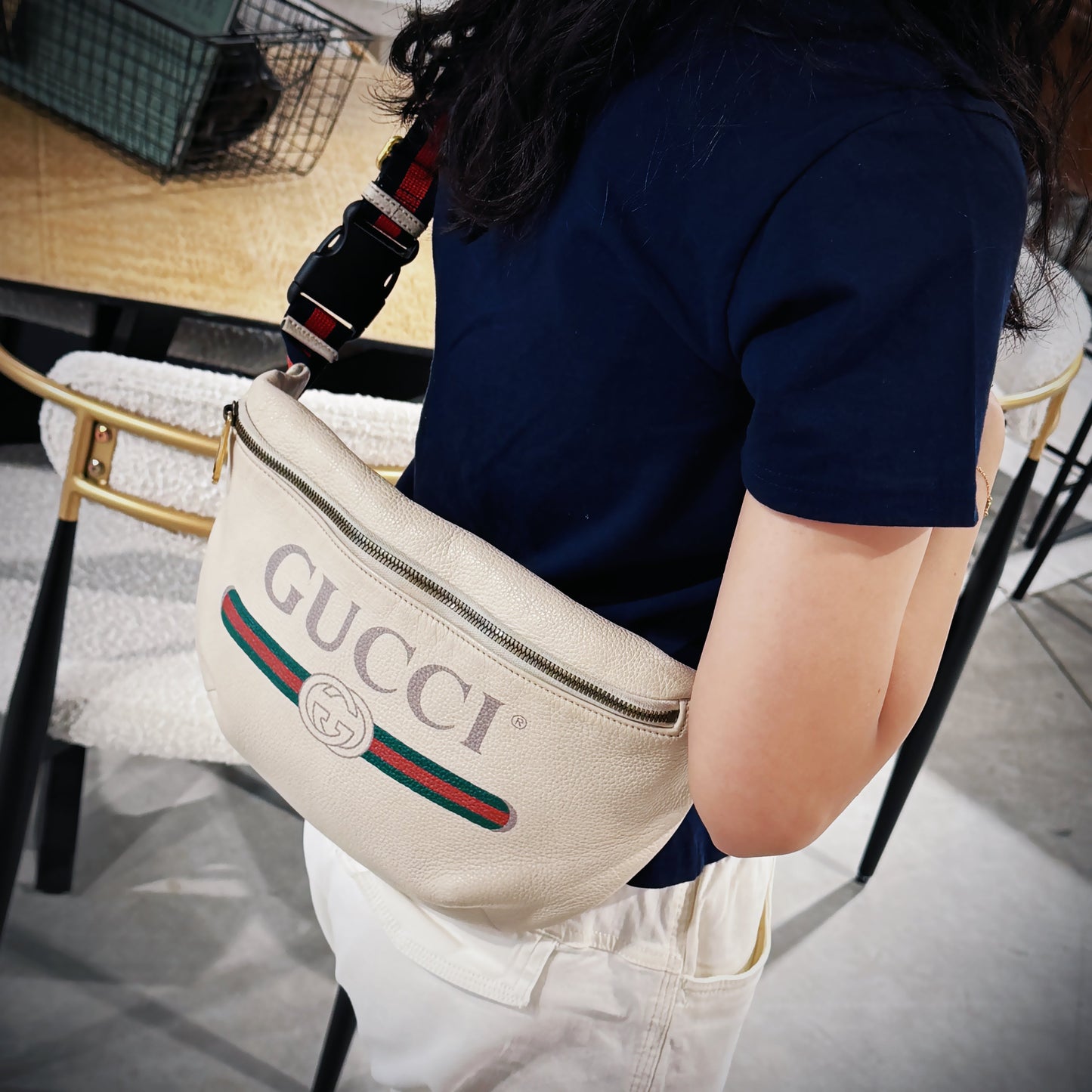 Gucci Uni Small Logo Print White Leather Messenger Belt Bag TWS