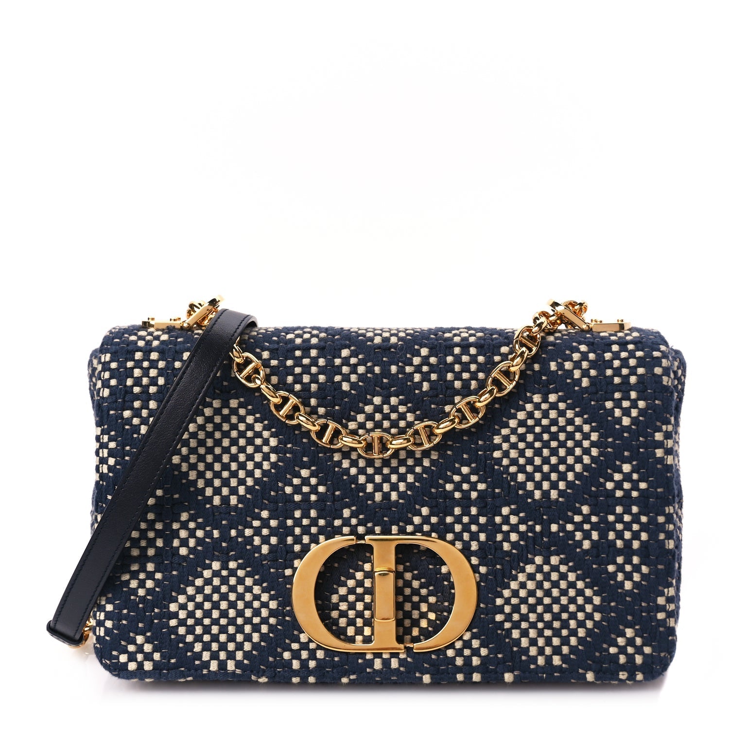 Christian Dior Fabric Macrocannage Woven Medium Caro Bag Blue White
