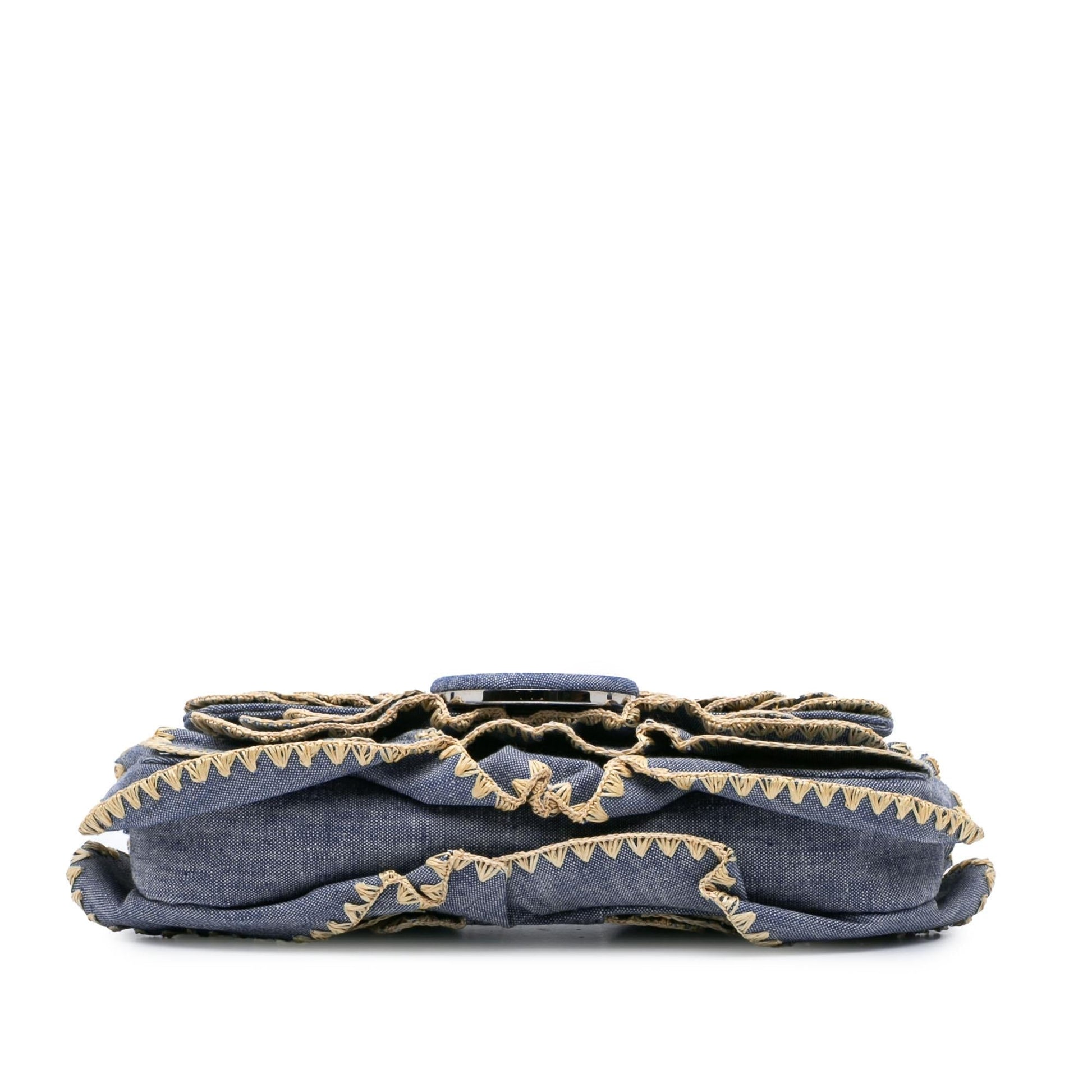 Fendi Embroidered Denim Ruffled F is Fendi Kan I Baguette