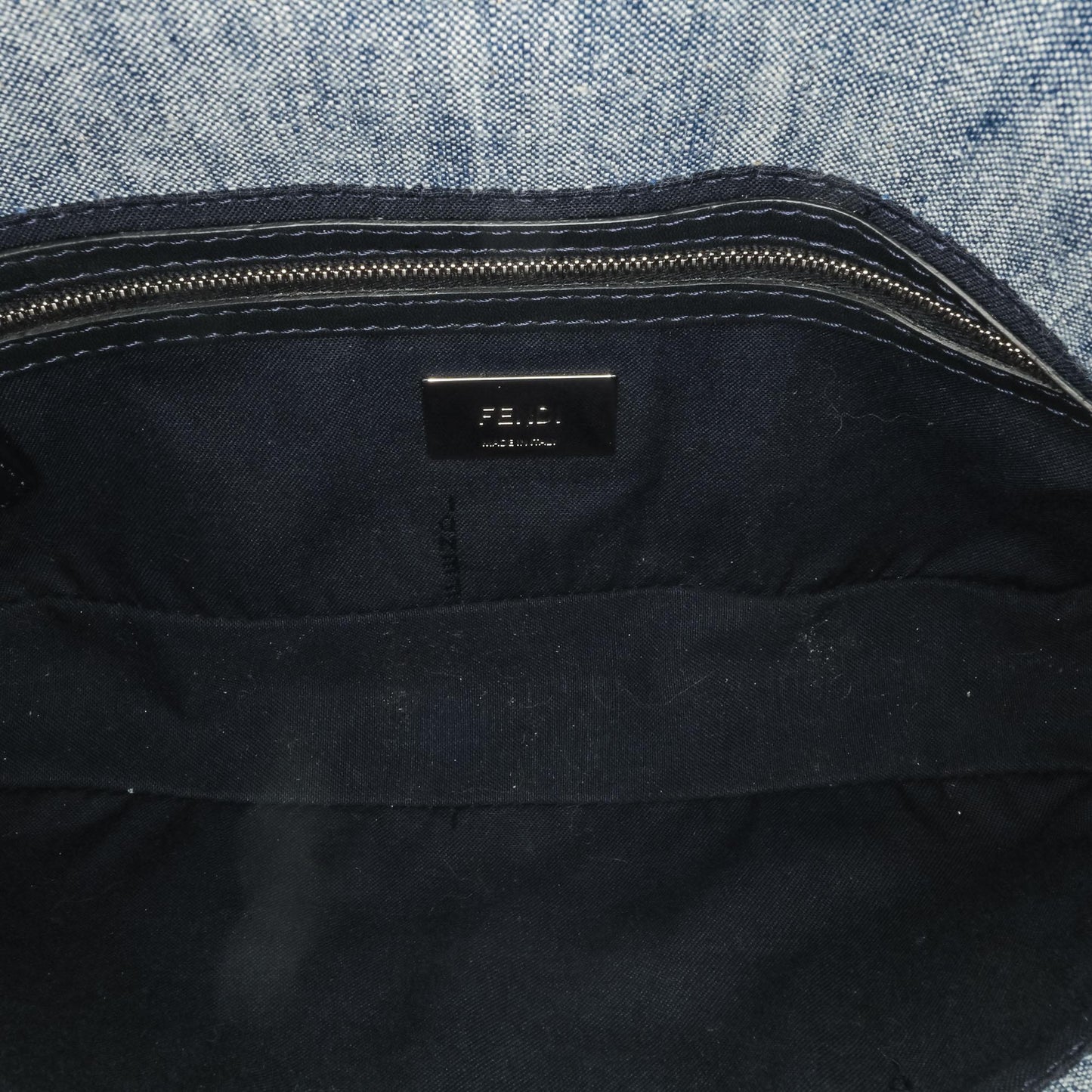 Fendi Embroidered Denim Ruffled F is Fendi Kan I Baguette