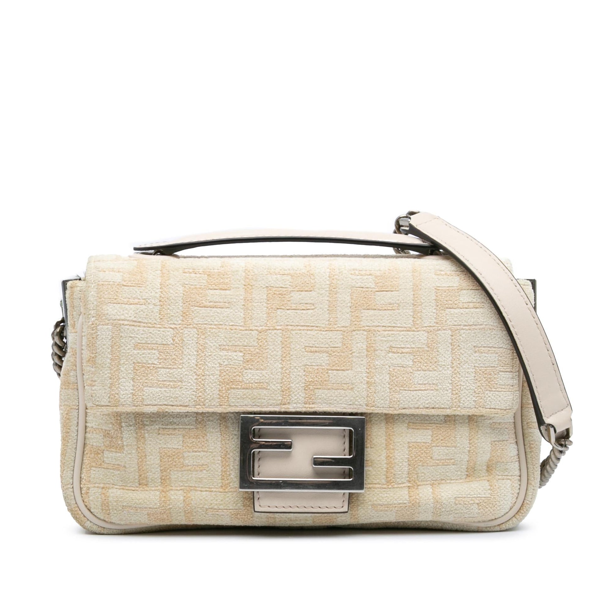 Fendi FF Chenille and Vitello Seta Chain Midi Baguette