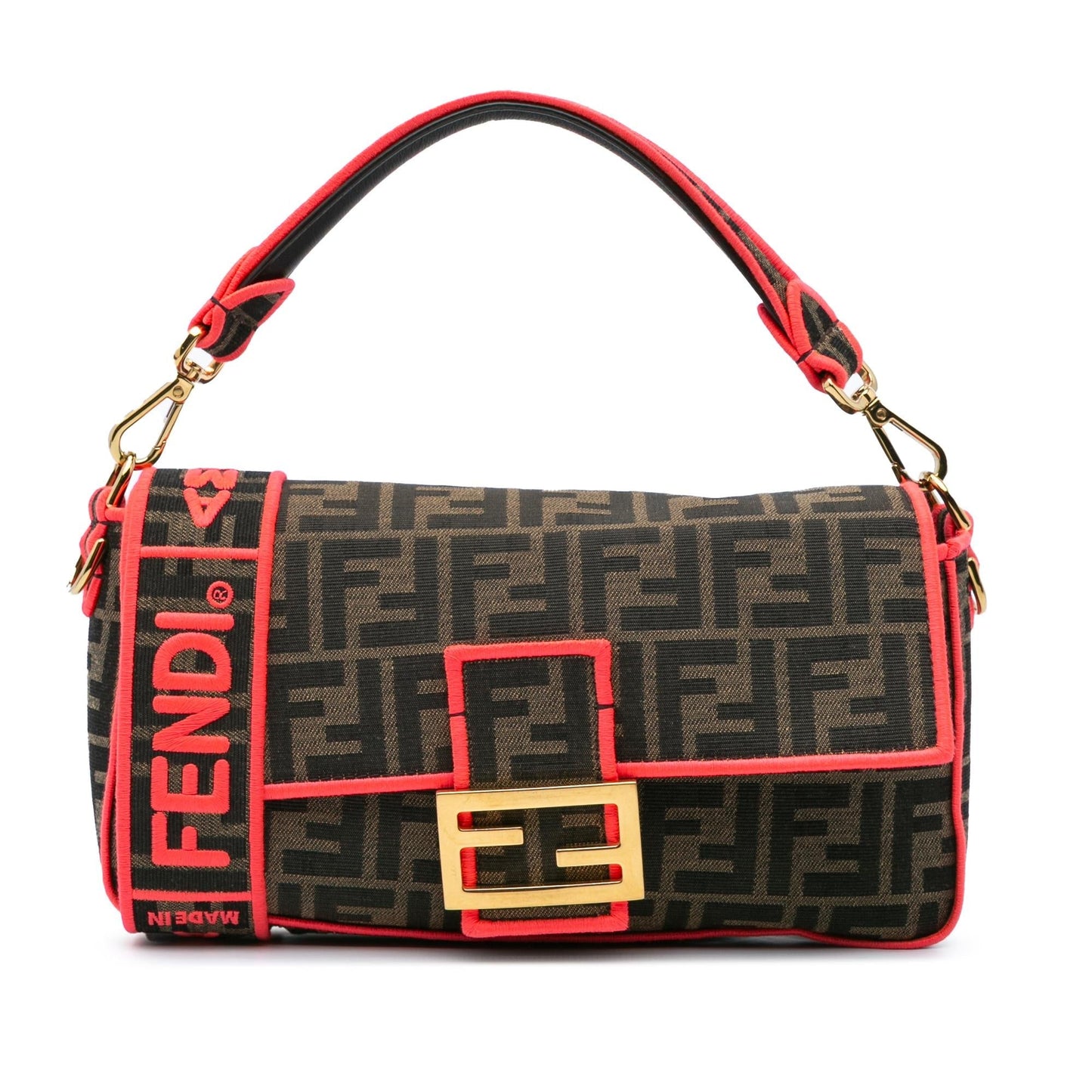 Fendi Medium Zucca Canvas Fluo Trim Baguette Satchel
