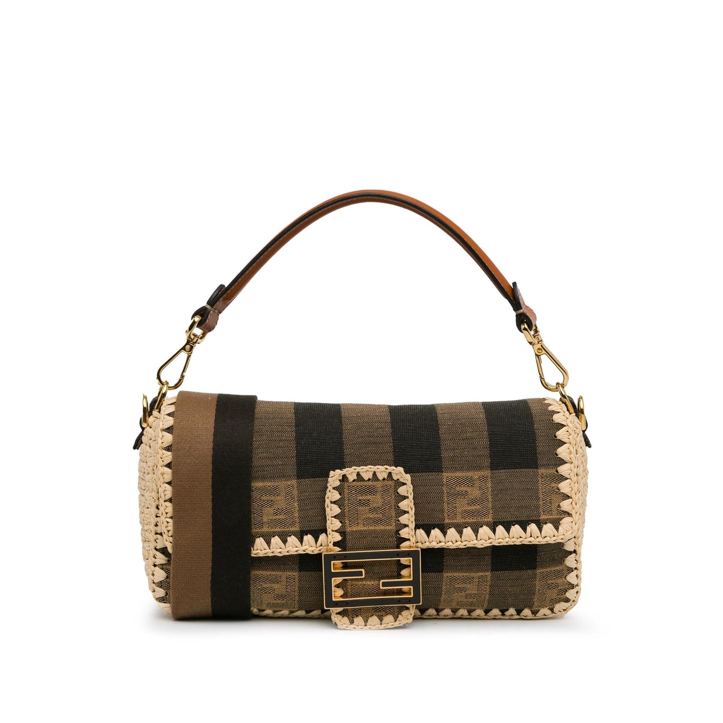 Fendi Pequin Gingham Canvas And Raffia Baguette Satchel (mQy3HF)