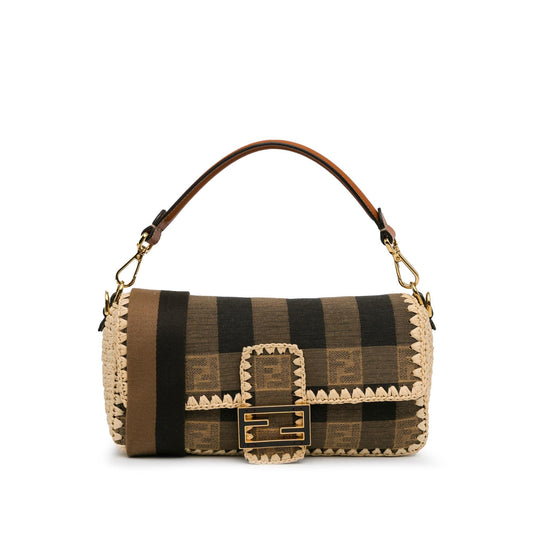 Fendi Pequin Gingham Canvas And Raffia Baguette Satchel (mQy3HF)