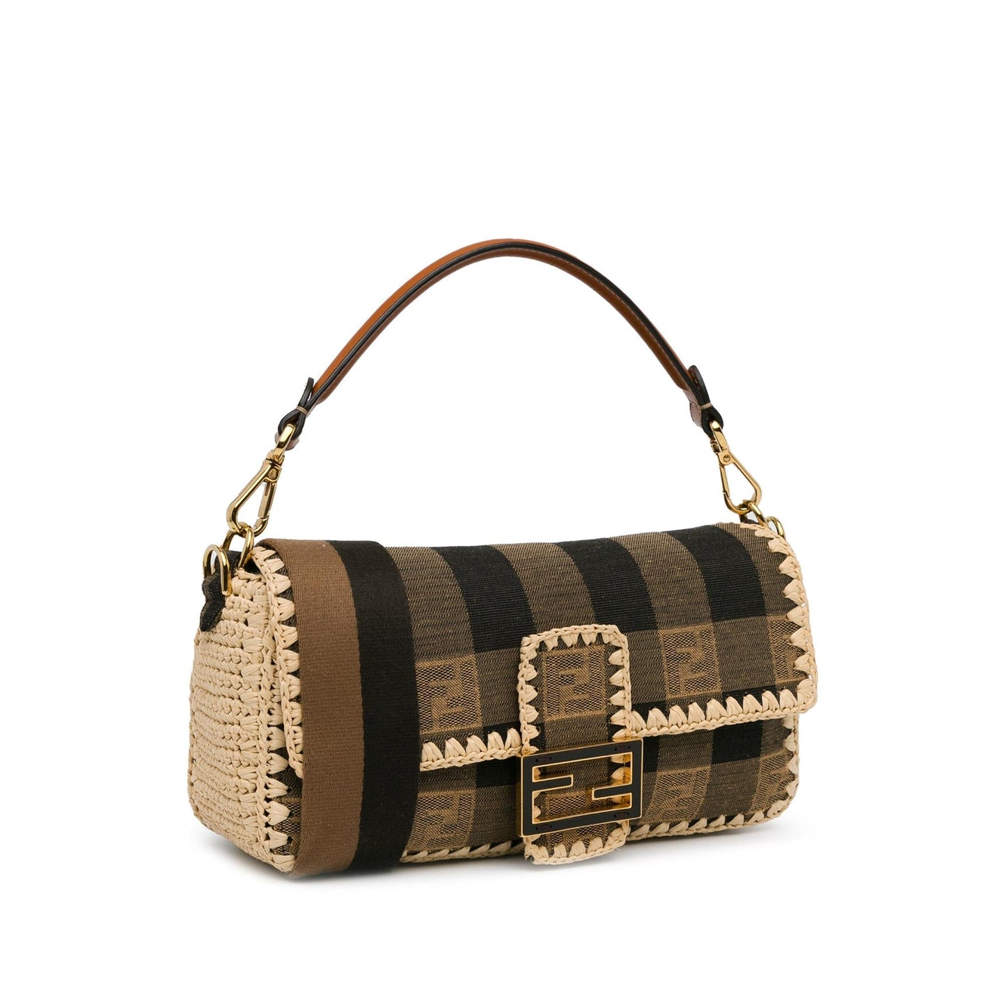 Fendi Pequin Gingham Canvas And Raffia Baguette Satchel (mQy3HF)