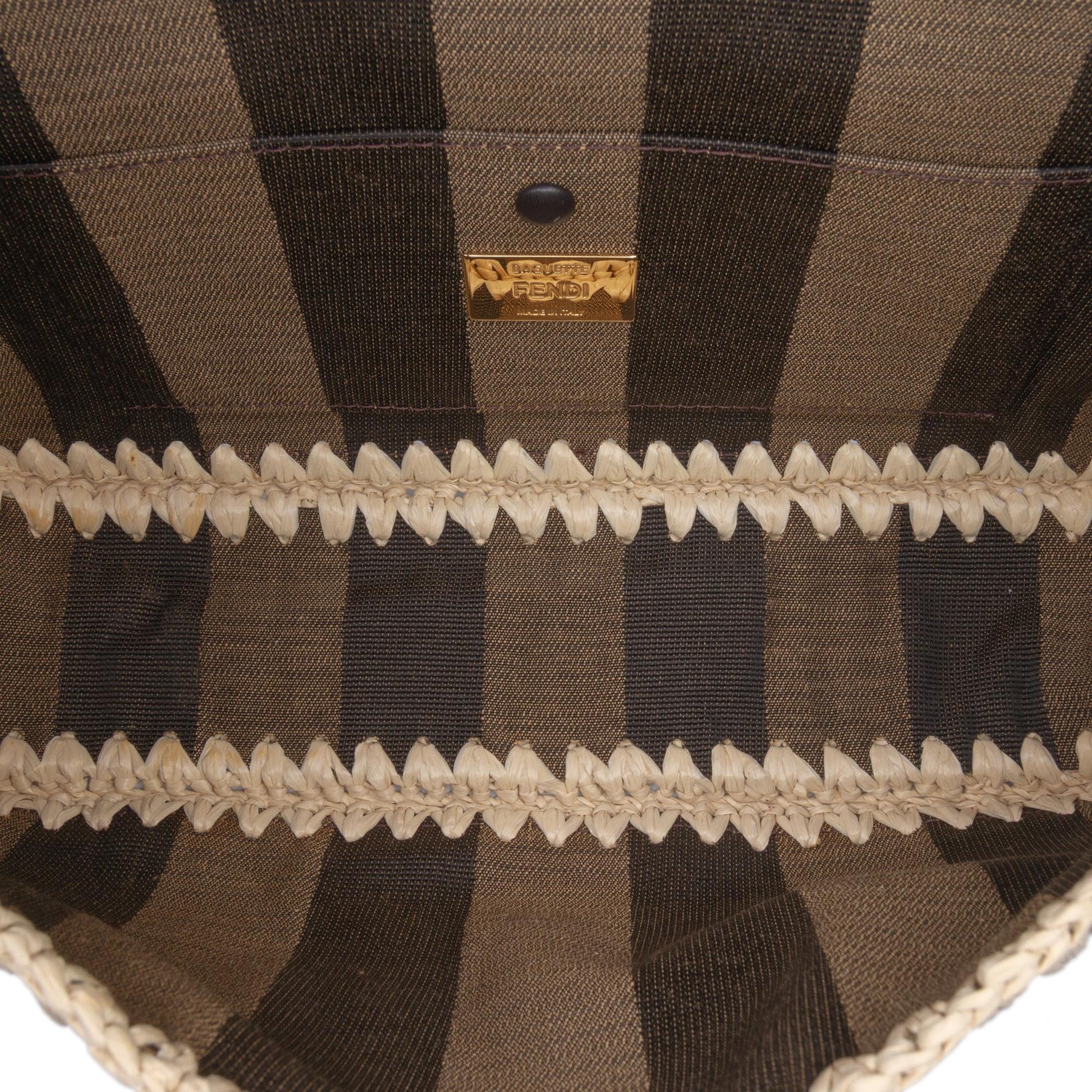 Fendi Pequin Gingham Canvas And Raffia Baguette Satchel