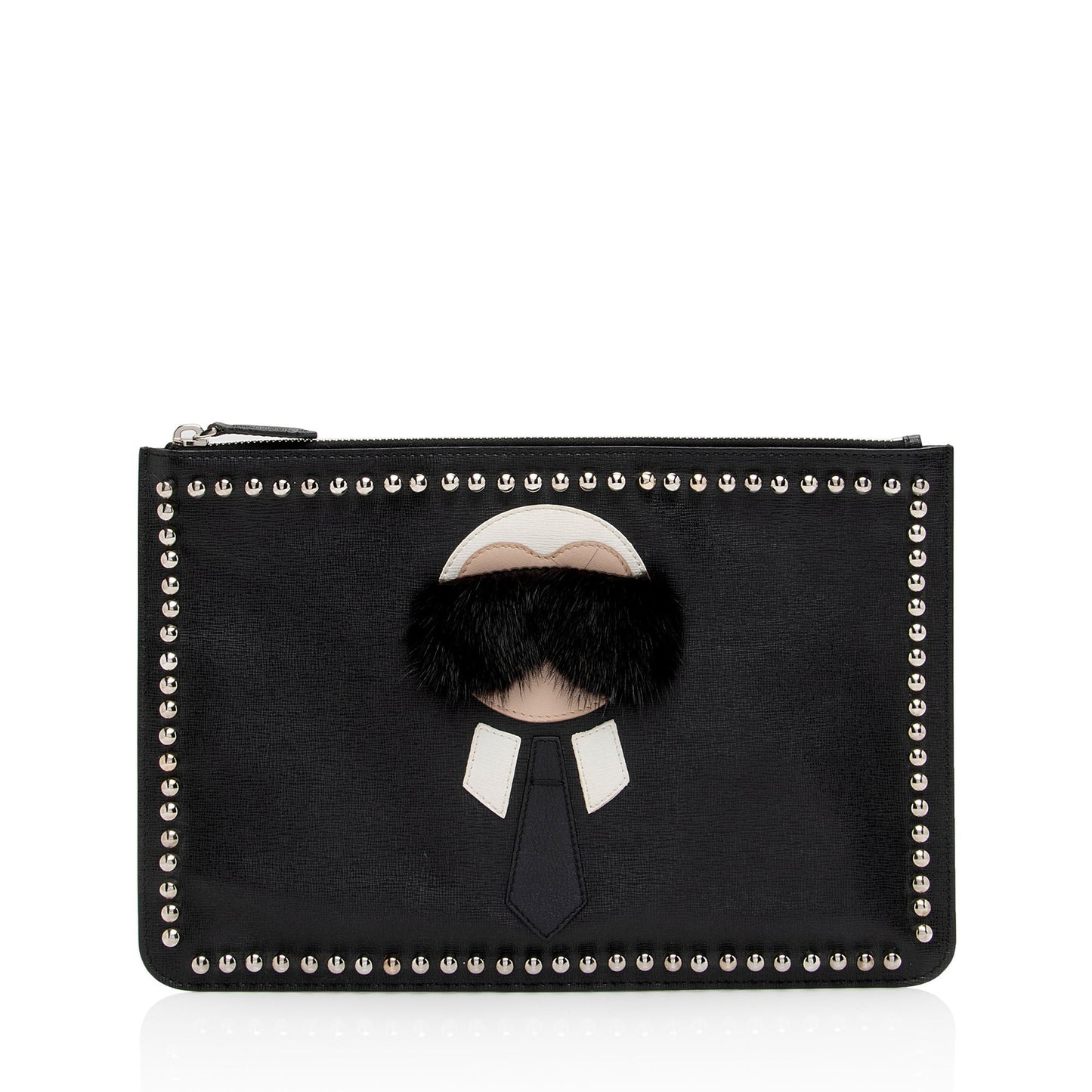 Fendi Studded Leather Mink Karlito Zip Pouch