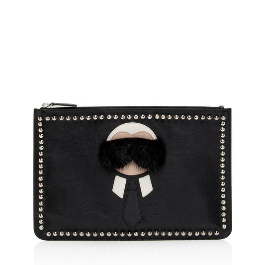 Fendi Studded Leather Mink Karlito Zip Pouch