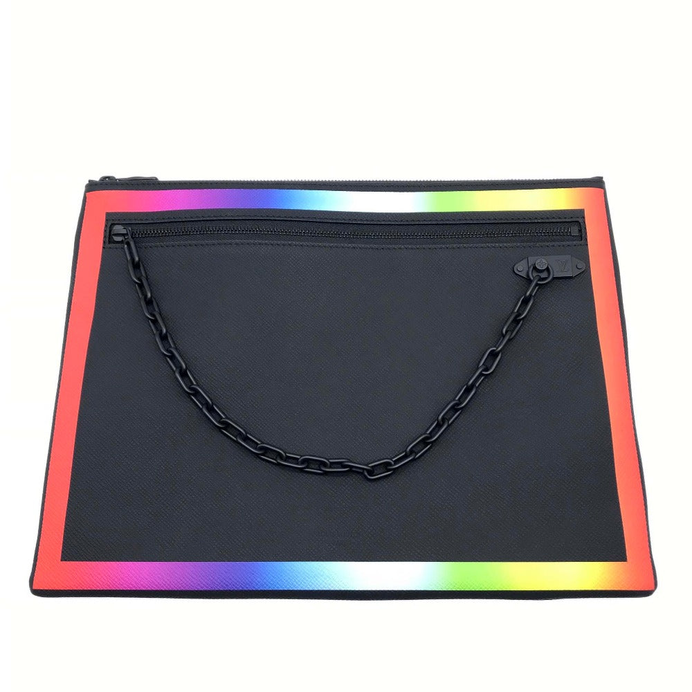 LOUIS VUITTON Clutch bag Taiga Leather Noir x Rainbow Taiga Pochette A4 Chain