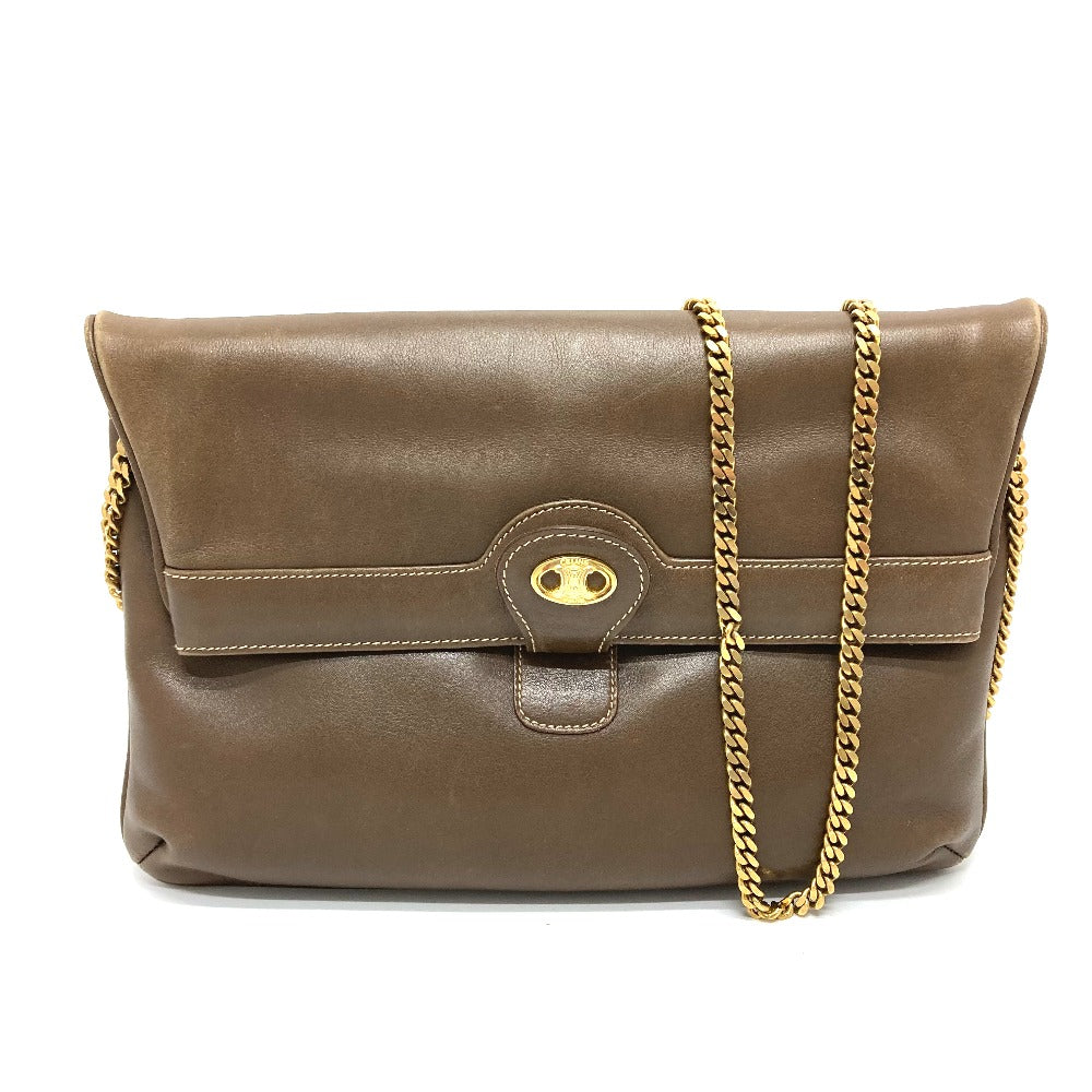 CELINE Shoulder Bag leather Brown logoMetal Women