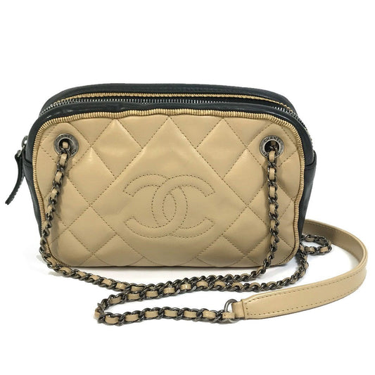CHANEL Shoulder Bag Calf leather Beige x black CC COCO Mark ballerine Women