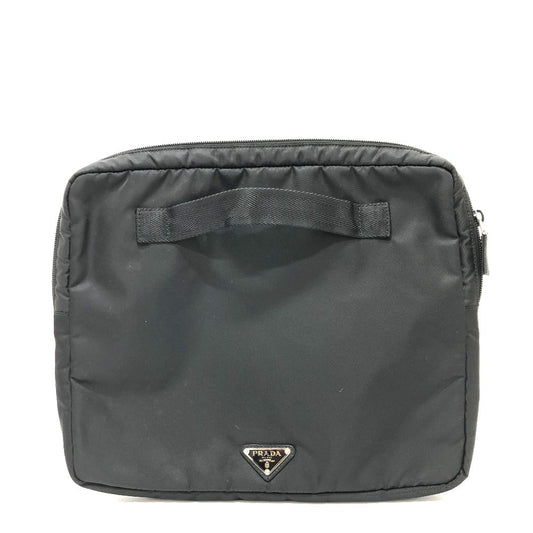 PRADA Clutch bag Nylon black Handbag PC case Triangle logo unisex(Unisex)
