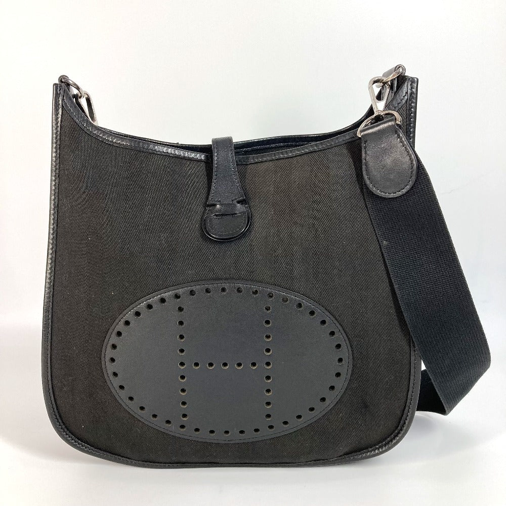 HERMES Shoulder Bag Leather / canvas black Punching logo Evelyn2 PM Evelyn