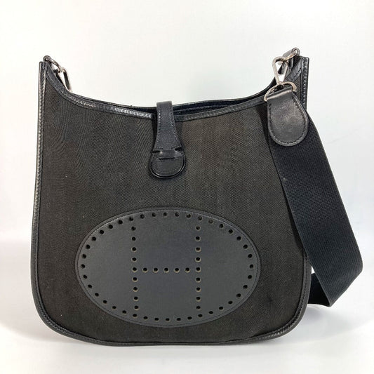 HERMES Shoulder Bag Leather / canvas black Punching logo Evelyn2 PM Evelyn