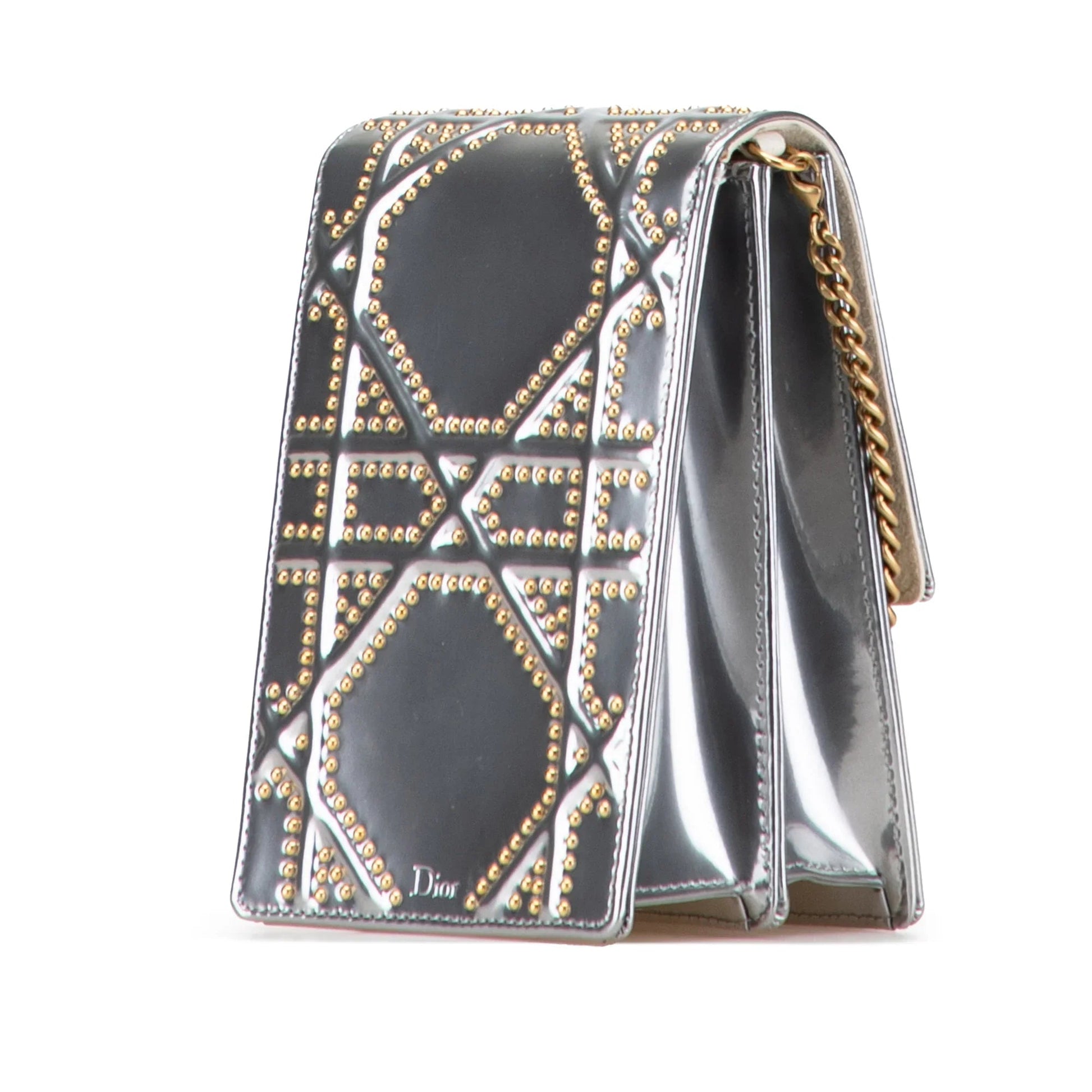 Silver Dior Metallic Studded Calfskin Vertical Diorama Crossbody Bag