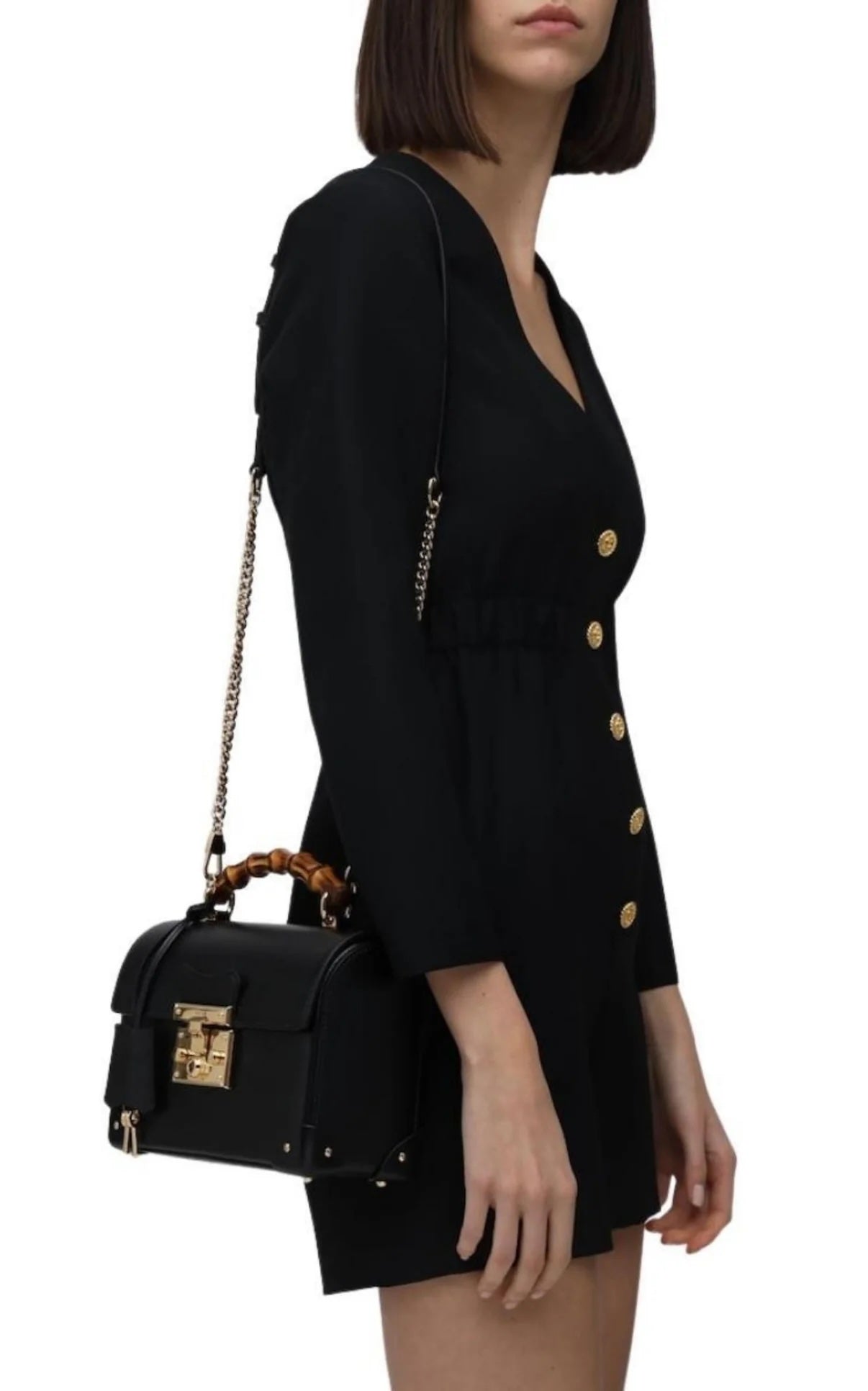 GUCCI CALFSKIN LEATHER SMALL BAMBOO PADLOCK CHAIN BAG
