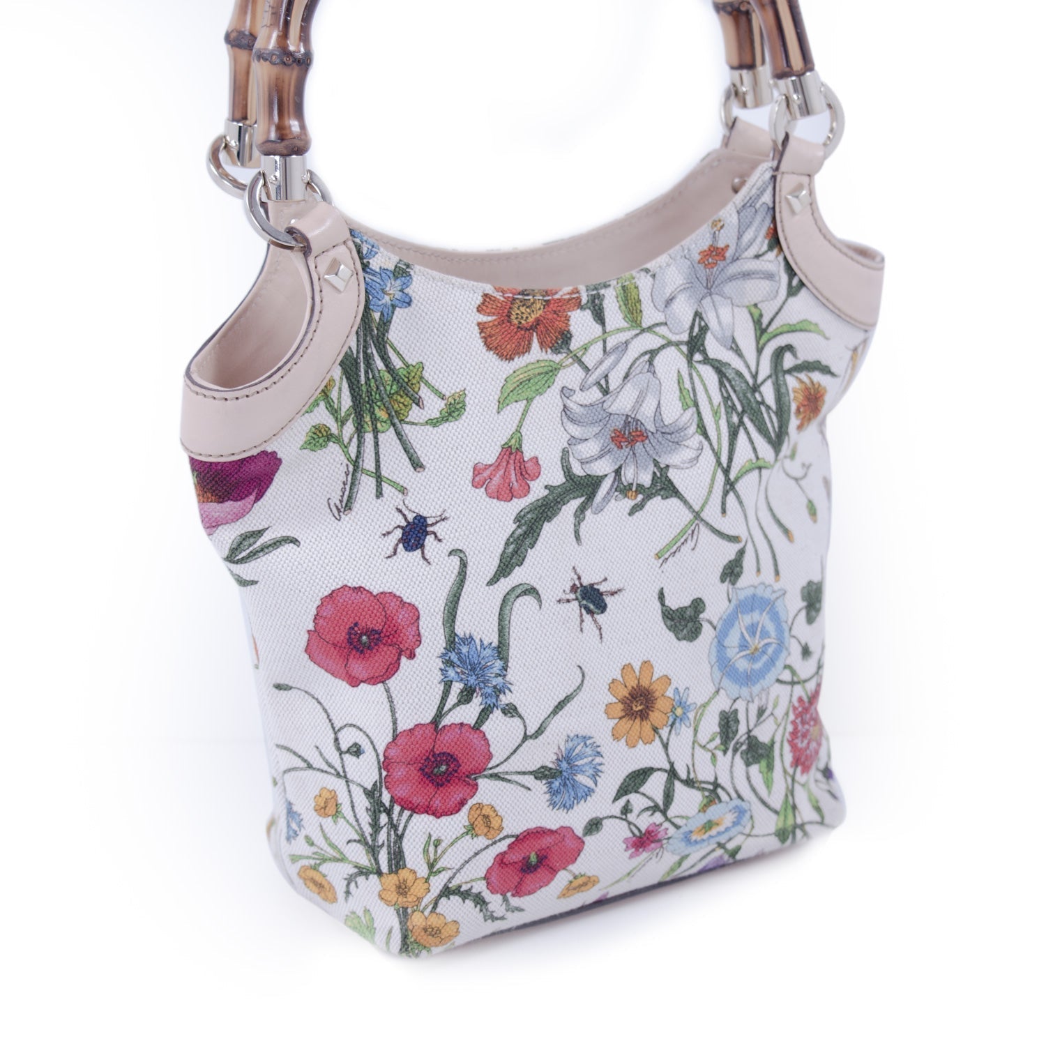 Gucci Bamboo Leather Canvas Bucket Bag