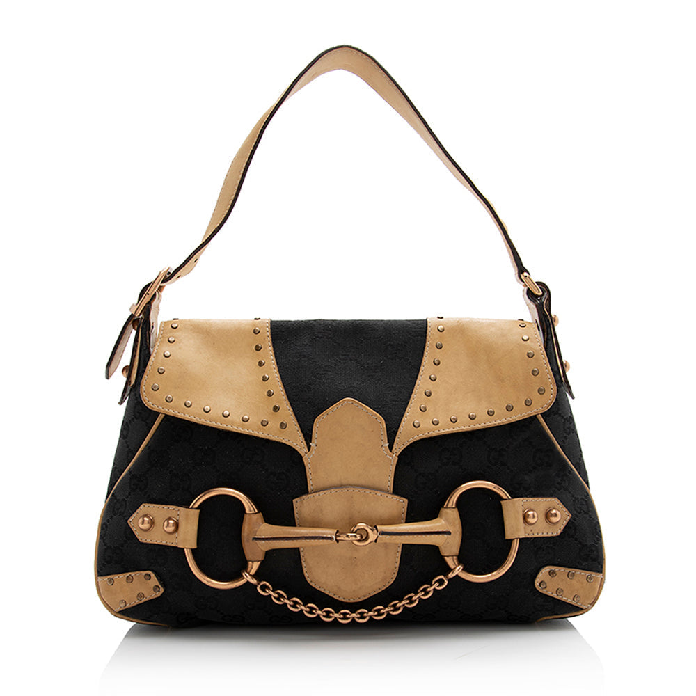 Gucci Canvas Leather Studded Horsebit Shoulder Bag (SHF-21925)