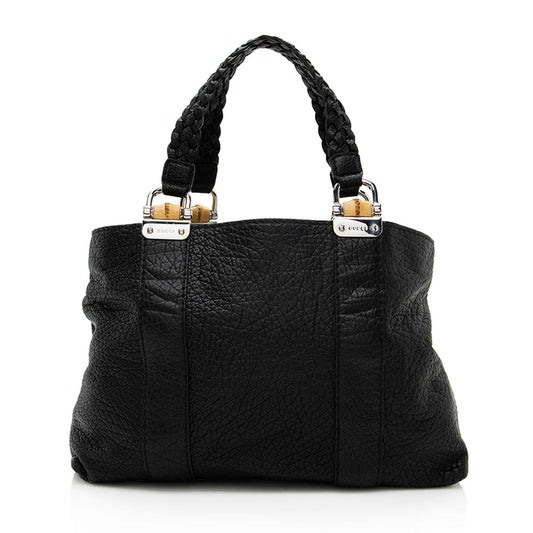 Gucci Grained Leather Bamboo Bar Medium Tote (SHF-19935)