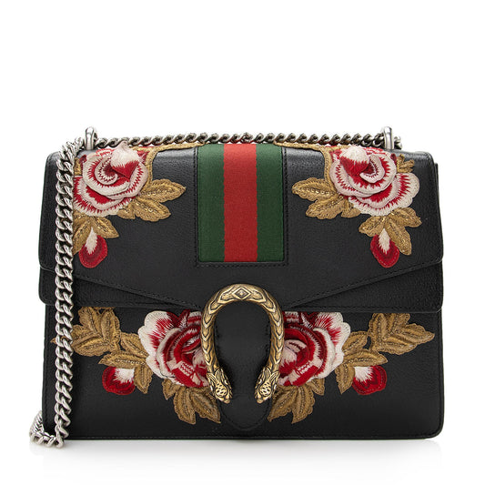 Gucci Leather Embroidered Rose Dionysus Medium Shoulder Bag (SHF-22427)