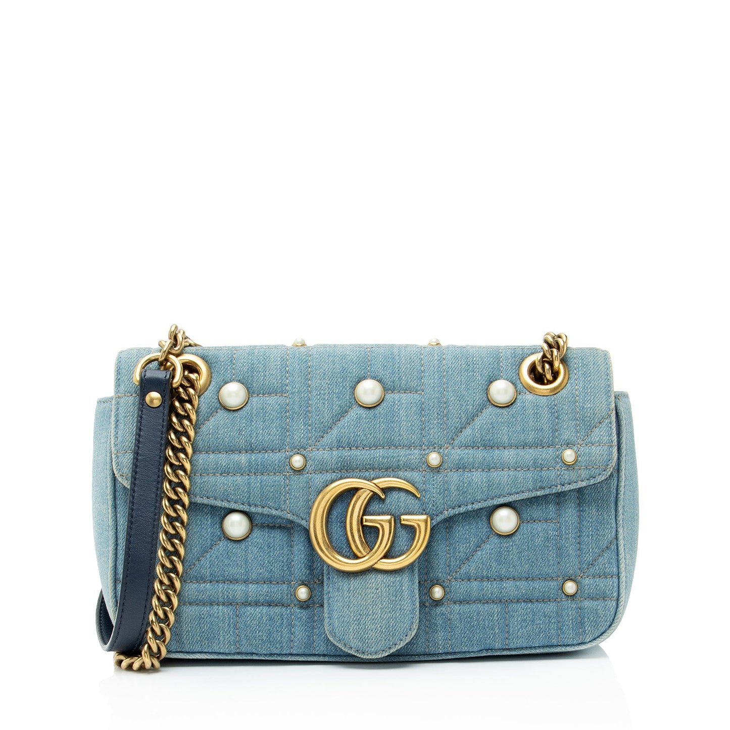 Gucci Matelasse Denim Pearl GG Marmont Medium Flap Bag