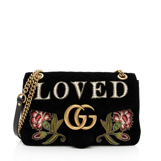 Gucci Matelasse Velvet Embroidered Loved Floral GG Marmont Medium Shoulder Bag (SHF-19350)