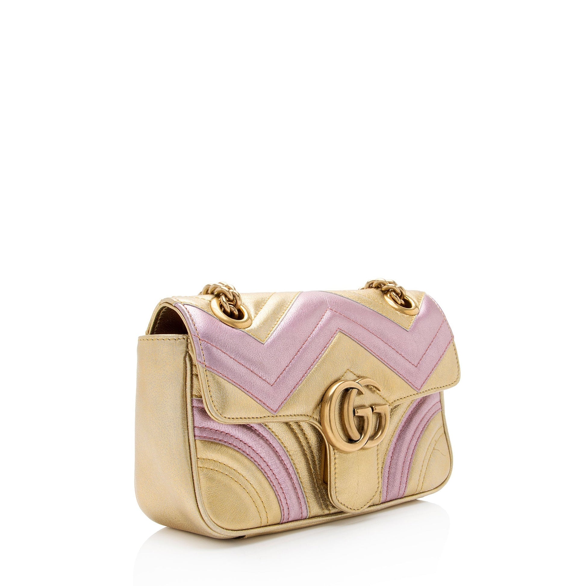 Gucci Metallic Matelasse Leather GG Marmont Mini Flap Shoulder Bag (SHF-6l0XWs)