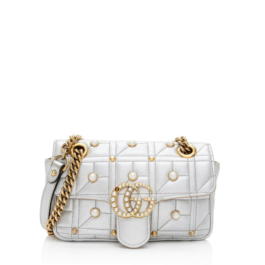 Gucci Metallic Matelasse Leather Pearl GG Marmont Mini Flap Bag - FINAL SALE (SHF-ZNLBGf)