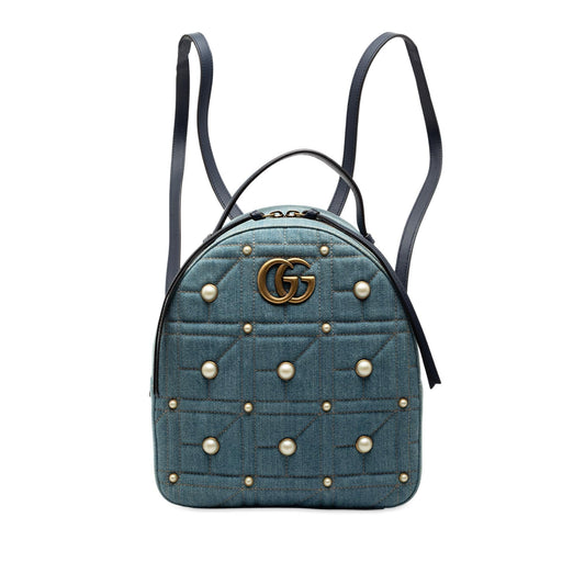 Gucci Small GG Marmont Pearl Studded Matelasse Denim Backpack
