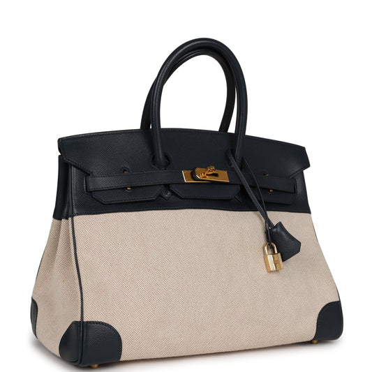 Hermes Birkin 35 Bleu Indigo Courchevel and Toile H Gold Hardware