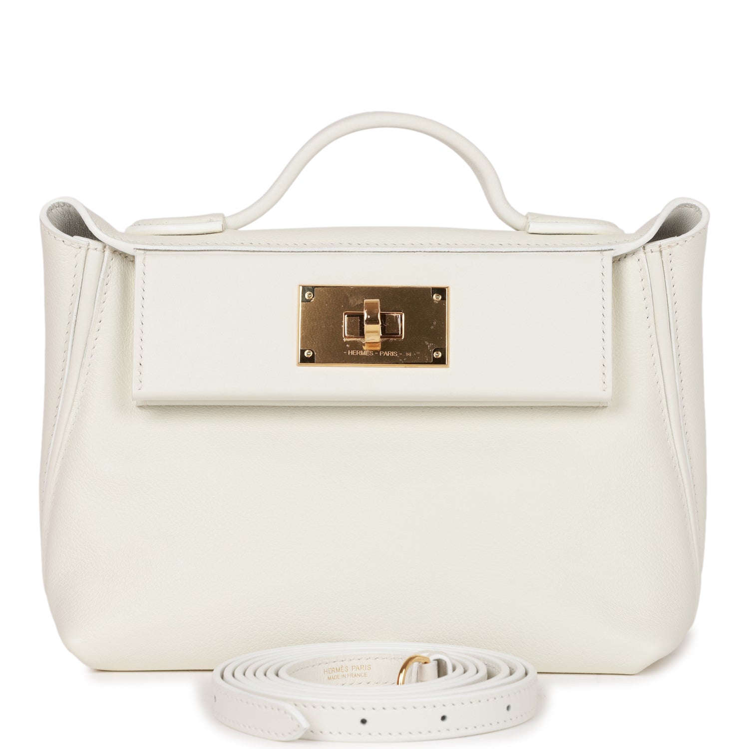 Luxury Hermes Mini 24/24 Bag White Evercolor and Swift Gold Hardware