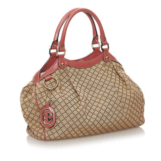 Gucci Sukey Brown Leather Canvas Shoulder Bag