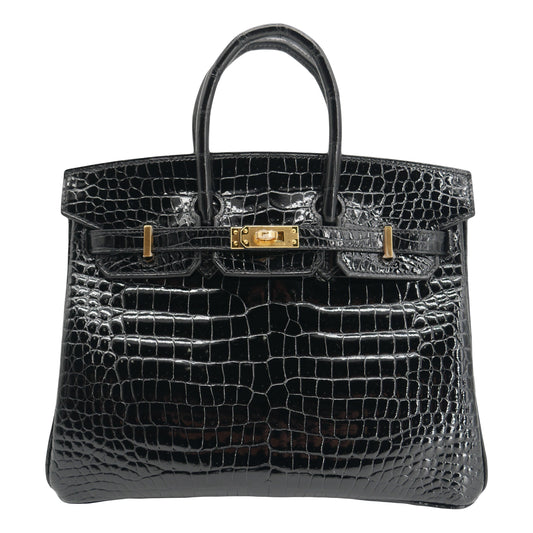 Hermes25cm Birkin Black Shiny Porosus Crocodile Gold Hardware