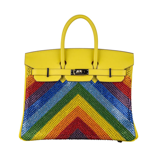 Hermes25cm Birkin Customized Rainbow Chevron Swarovski Crystal Palladium Hardware