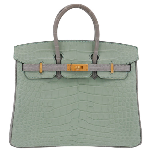 Hermes25cm Birkin HSS Vert D'eau/ Gris Perle Matte Alligator Brushed Gold Hardware