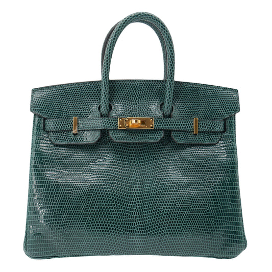 Hermes25cm Birkin Vert Cypress Lizard Gold Hardware