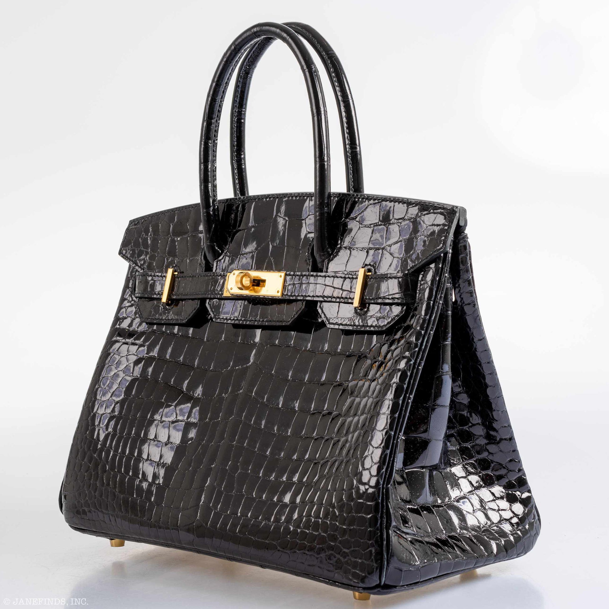HermesBirkin 30 Black Shiny Porosus Crocodile Gold Hardware