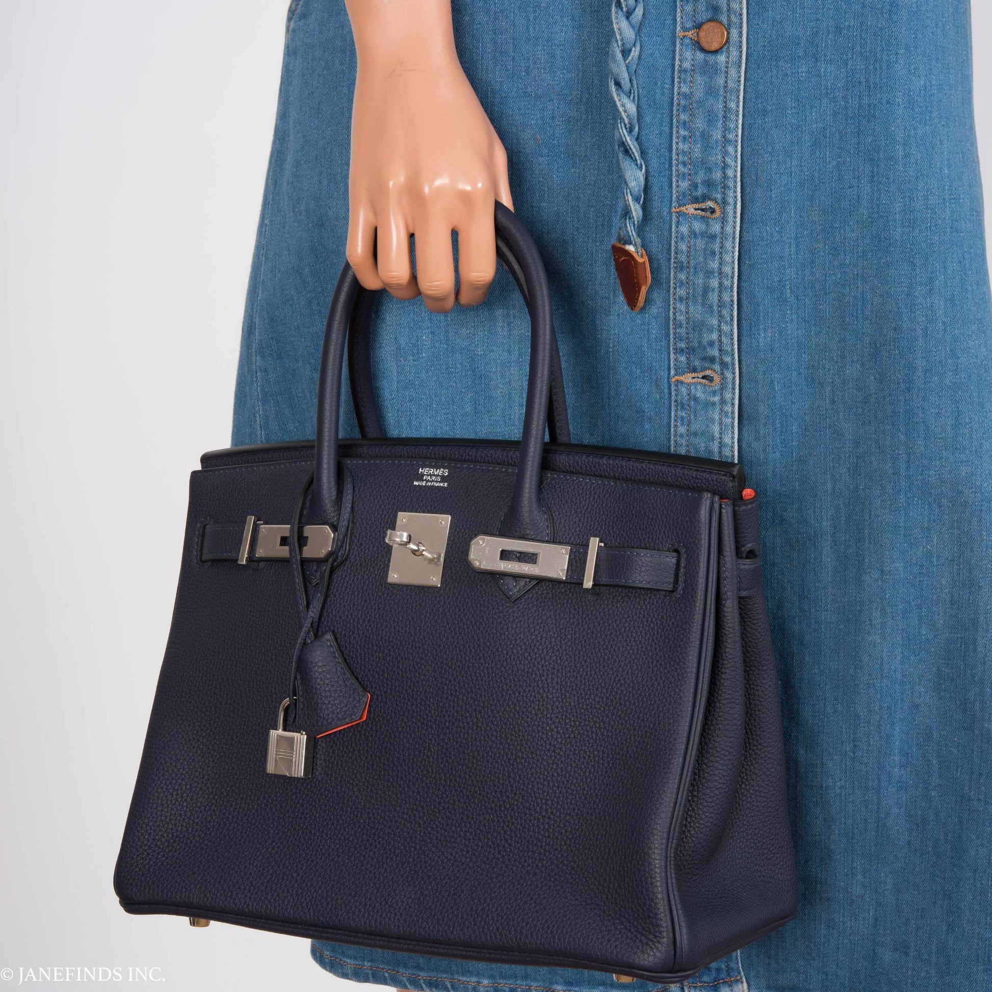 HermesBirkin 30 Blue Nuit Verso Orange Poppy Togo Palladium Hardware