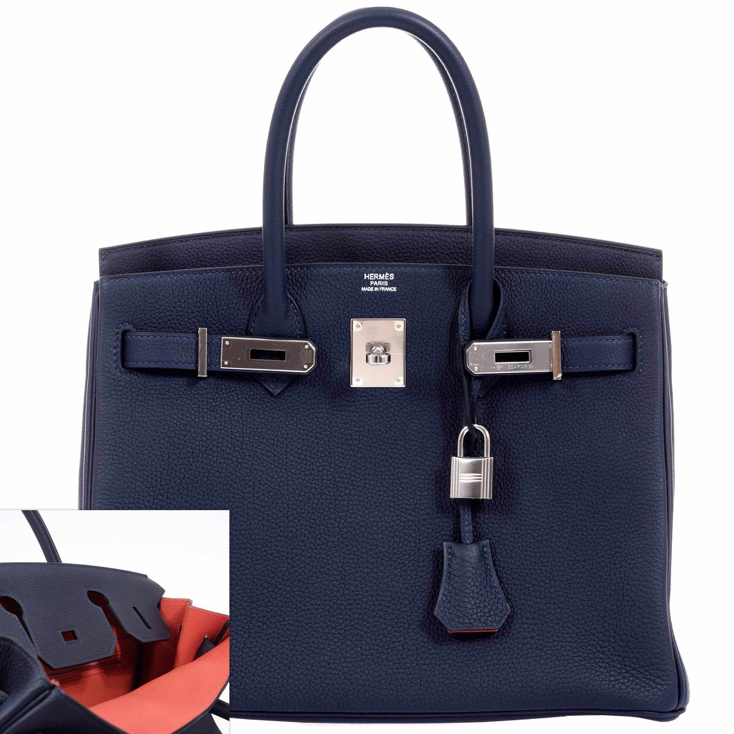 HermesBirkin 30 Blue Nuit Verso Orange Poppy Togo Palladium Hardware