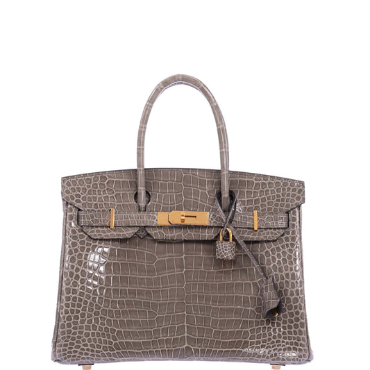 HermesBirkin 30 Gris Tourterelle Porosus Crocodile Gold Hardware