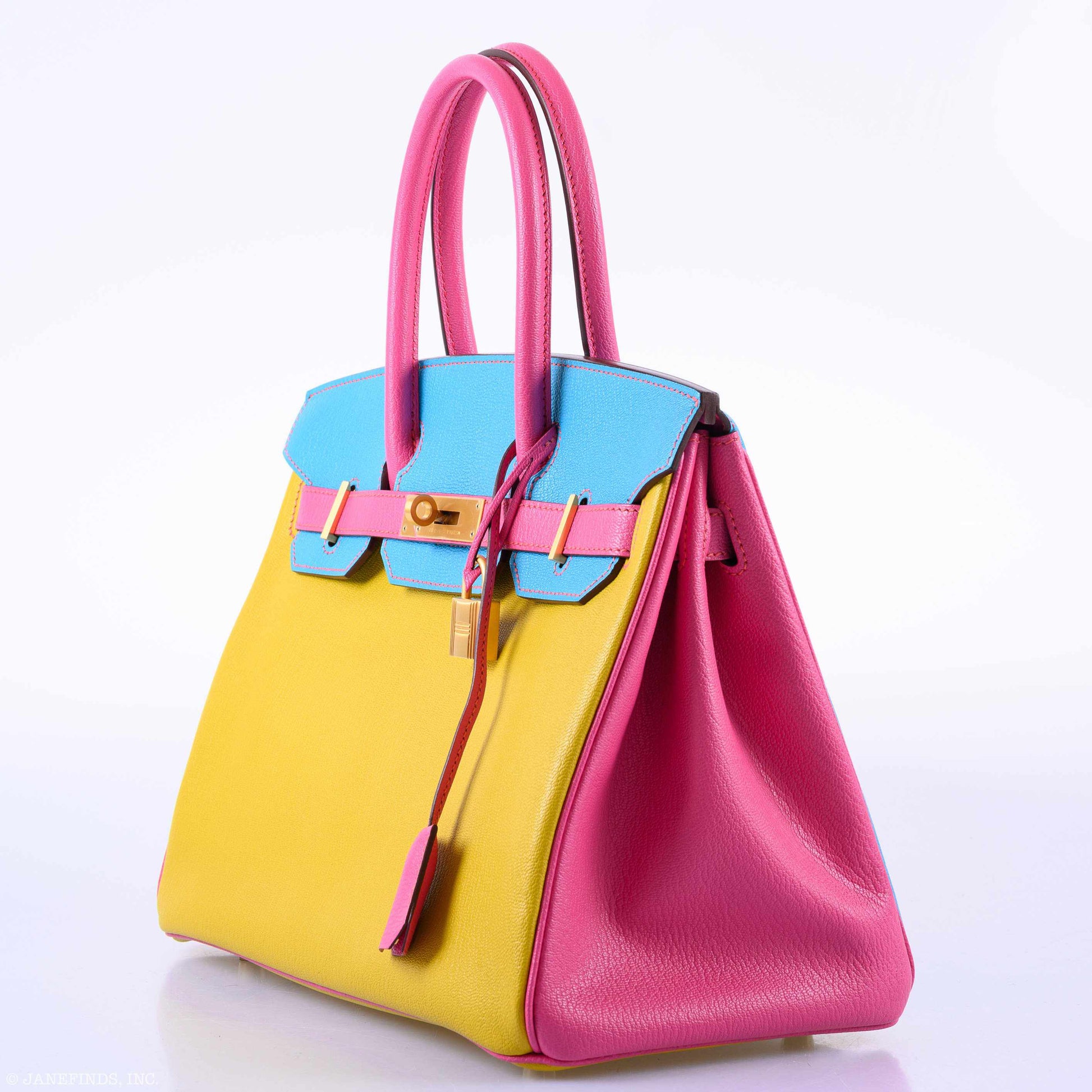 HermesBirkin 30 HSS Rose Lipstick, Blue Aztec & Cumin Chevre Leather Brushed Gold Hardware - 2014, R Squared
