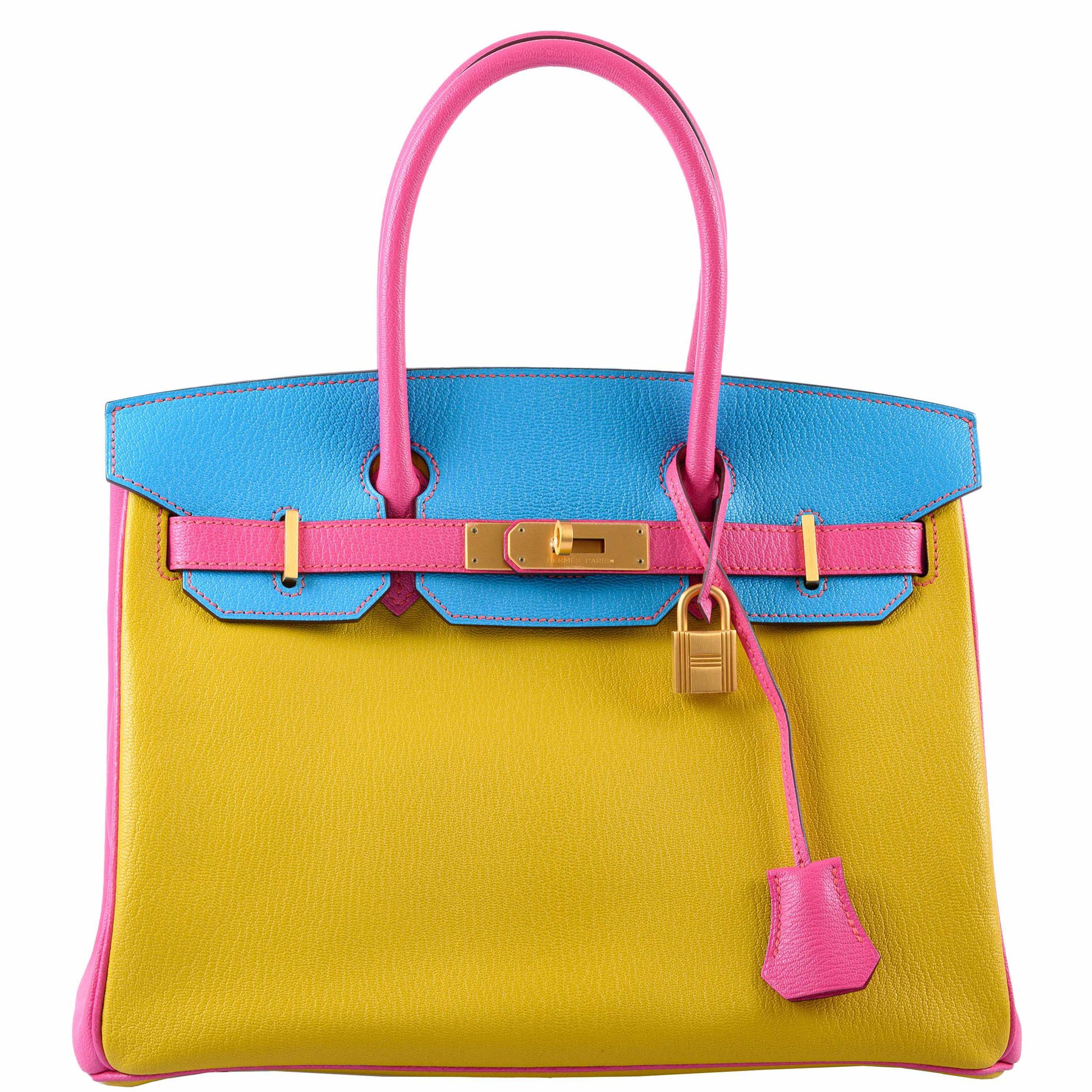 HermesBirkin 30 HSS Rose Lipstick, Blue Aztec & Cumin Chevre Leather Brushed Gold Hardware - 2014, R Squared