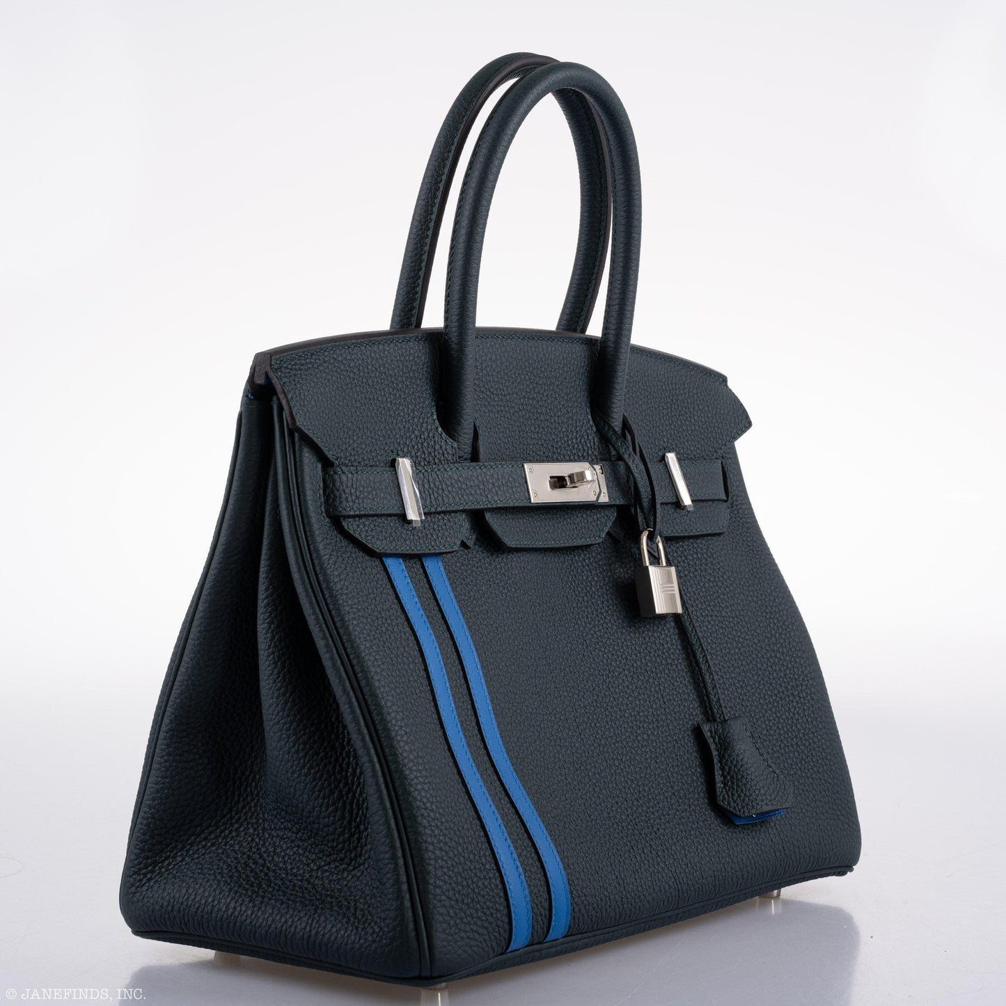 HermesBirkin 30 Officier Vert Cyprès Togo & Bleu Zellige Stripe & Lining Palladium Hardware - 2018, C