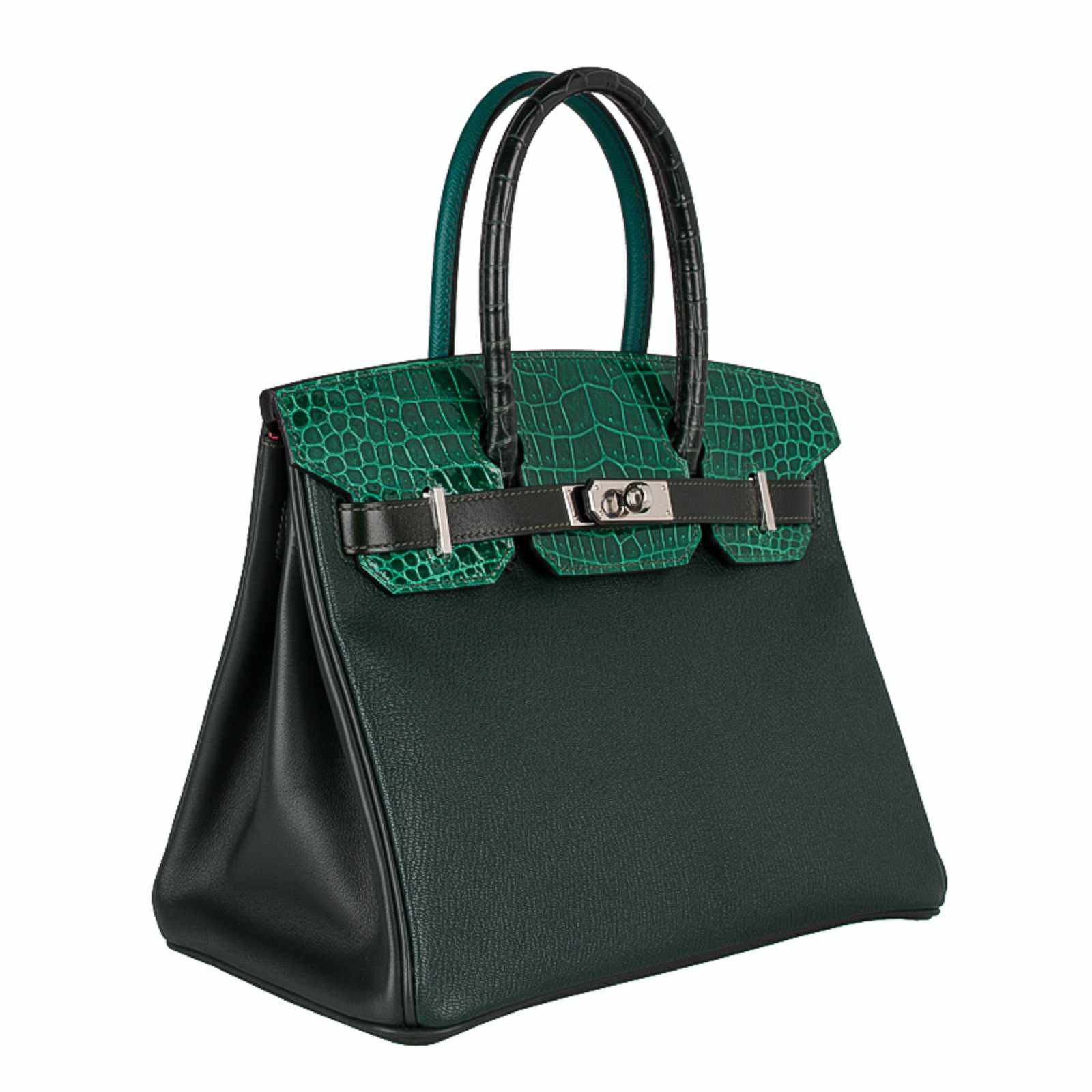 HermesBirkin 30 "Patchwork" Vert Fonce Vert Titen Emerald Chevre Clemence Box Calf Porosus Crocodile Palladium Hardware