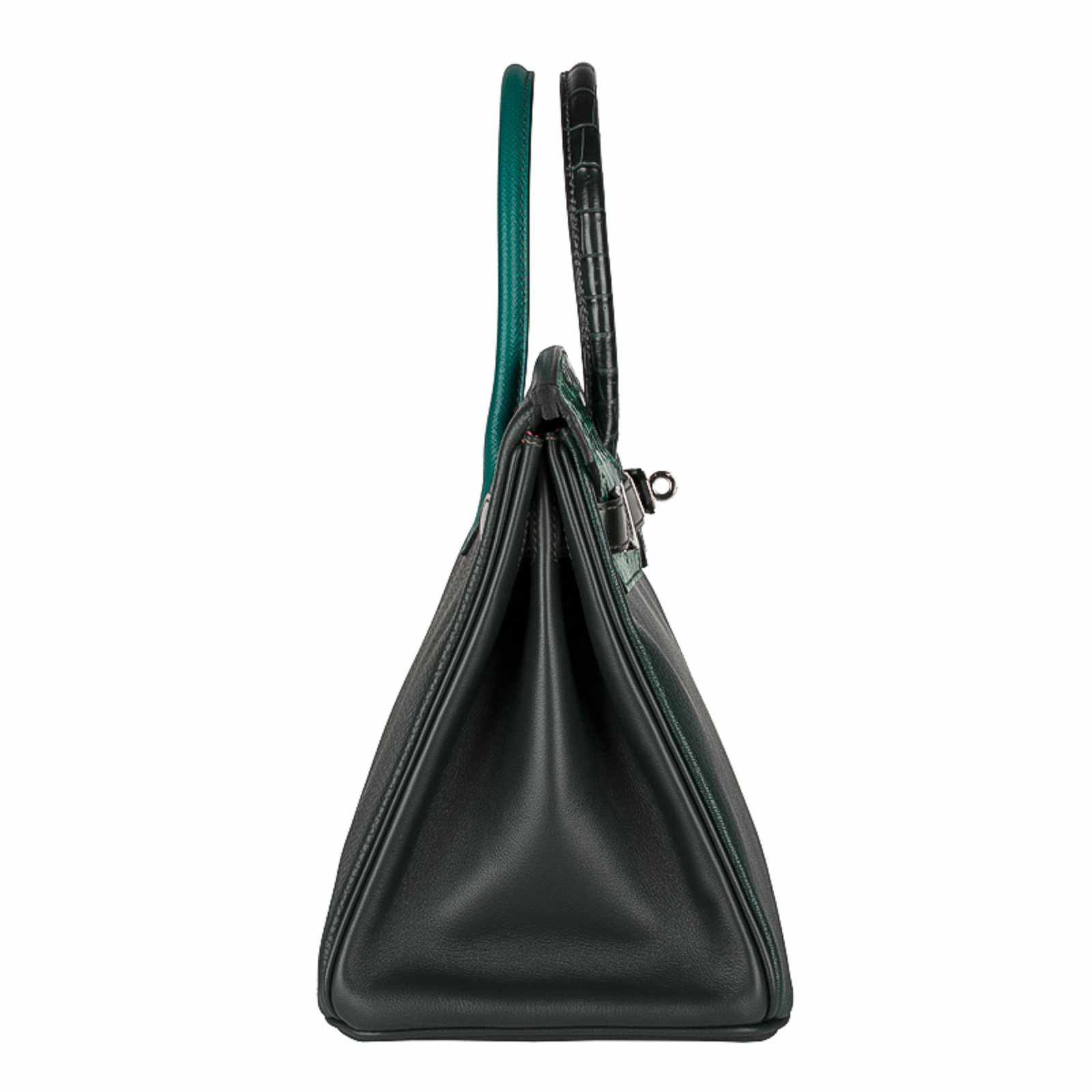 HermesBirkin 30 "Patchwork" Vert Fonce Vert Titen Emerald Chevre Clemence Box Calf Porosus Crocodile Palladium Hardware