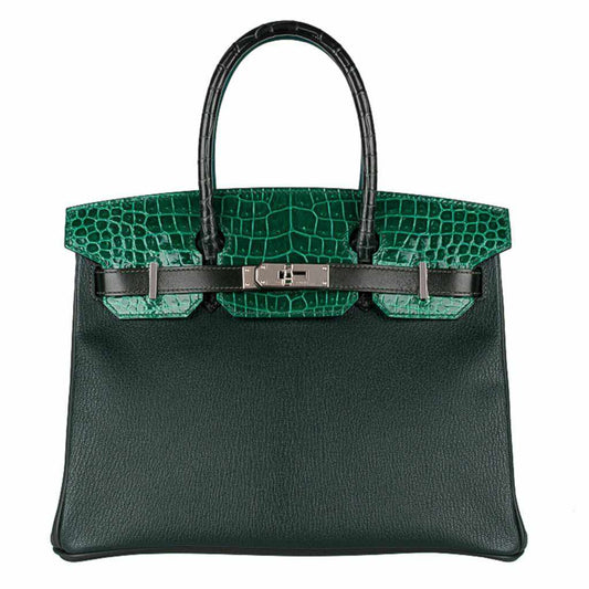 HermesBirkin 30 "Patchwork" Vert Fonce Vert Titen Emerald Chevre Clemence Box Calf Porosus Crocodile Palladium Hardware