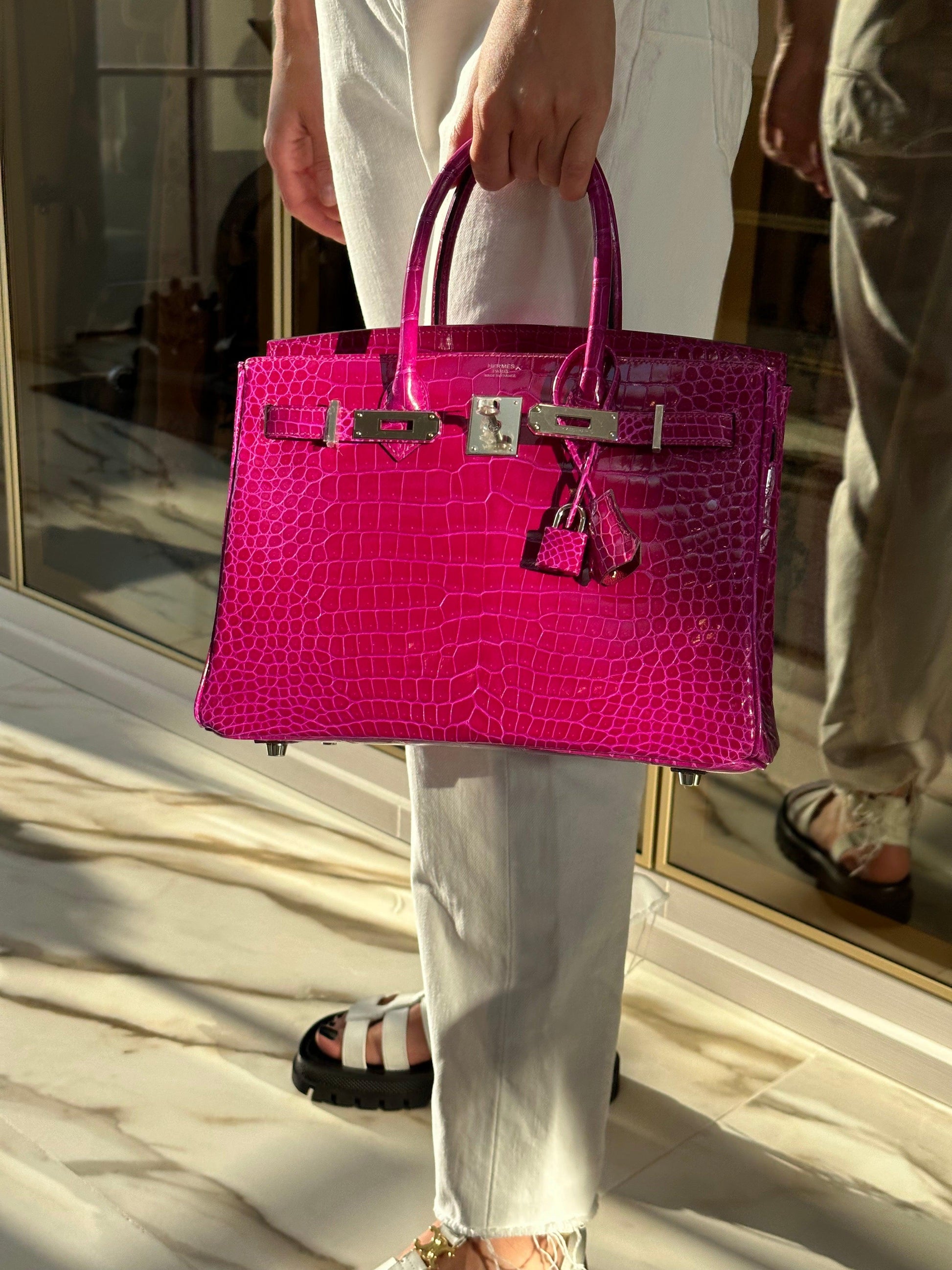 HermesBirkin 30 Rose Pourpre Shiny Porosus Crocodile Palladium Hardware