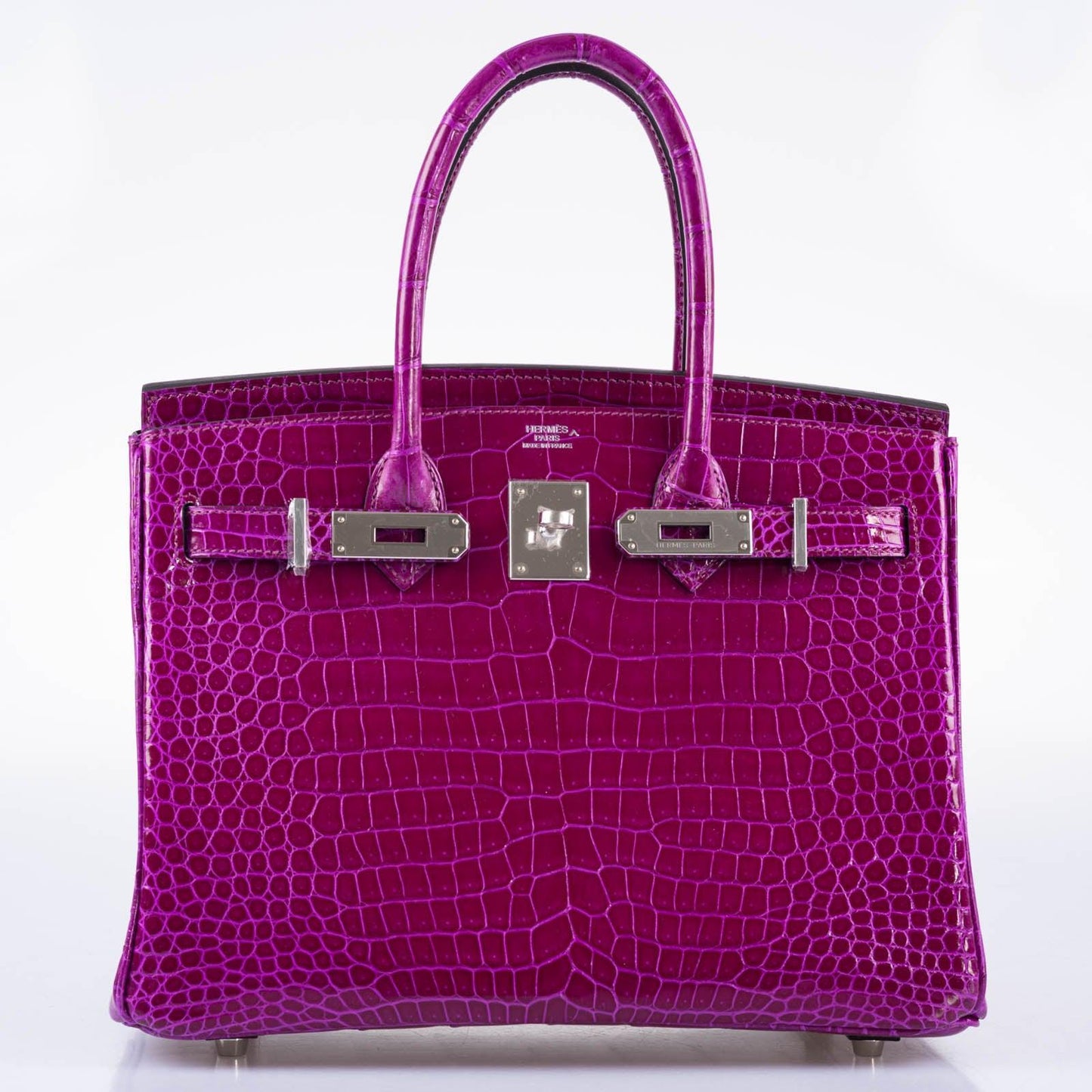HermesBirkin 30 Rose Pourpre Shiny Porosus Crocodile Palladium Hardware