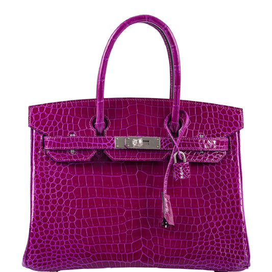HermesBirkin 30 Rose Pourpre Shiny Porosus Crocodile Palladium Hardware