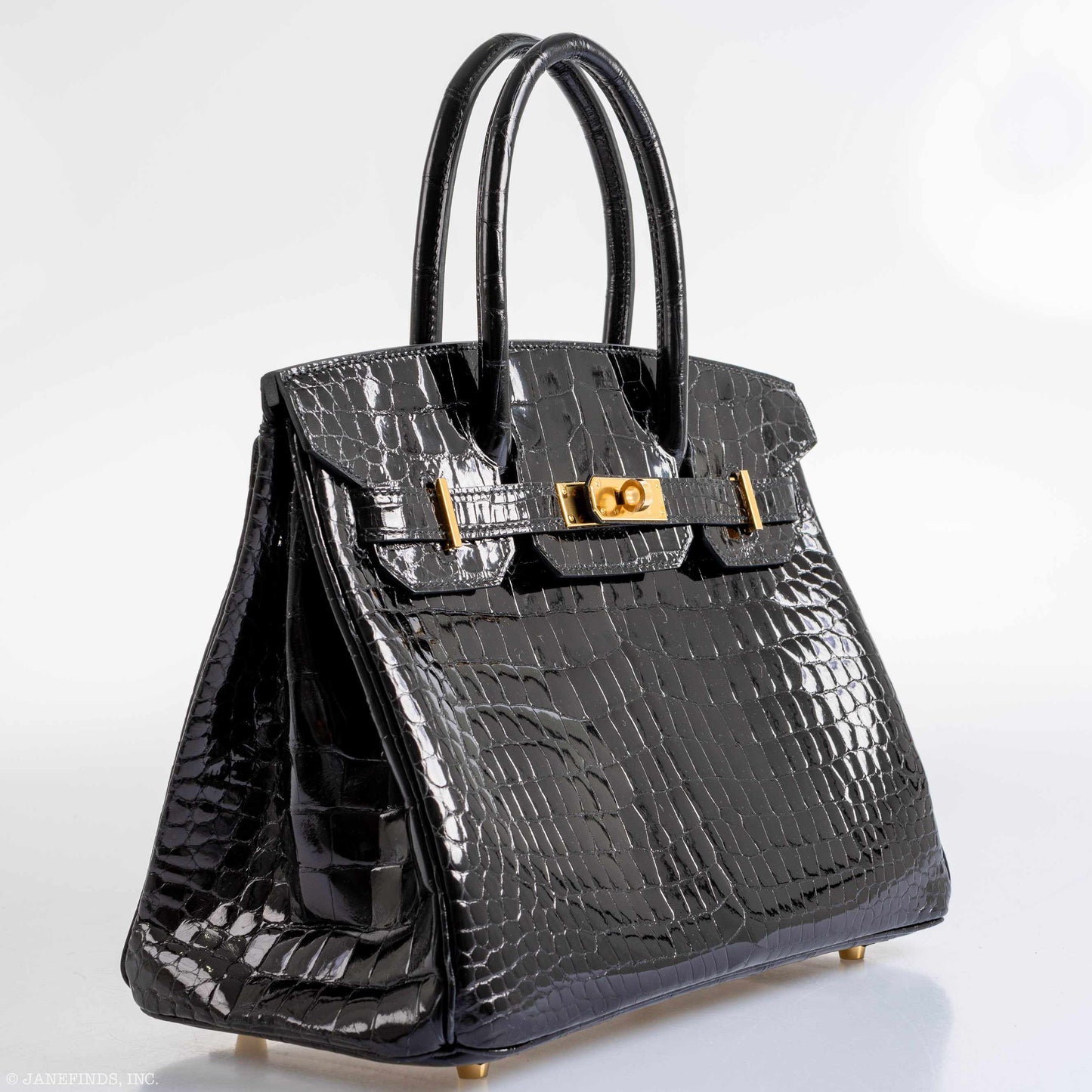 HermesBirkin 30 Shiny Black Porosus Crocodile Gold Hardware